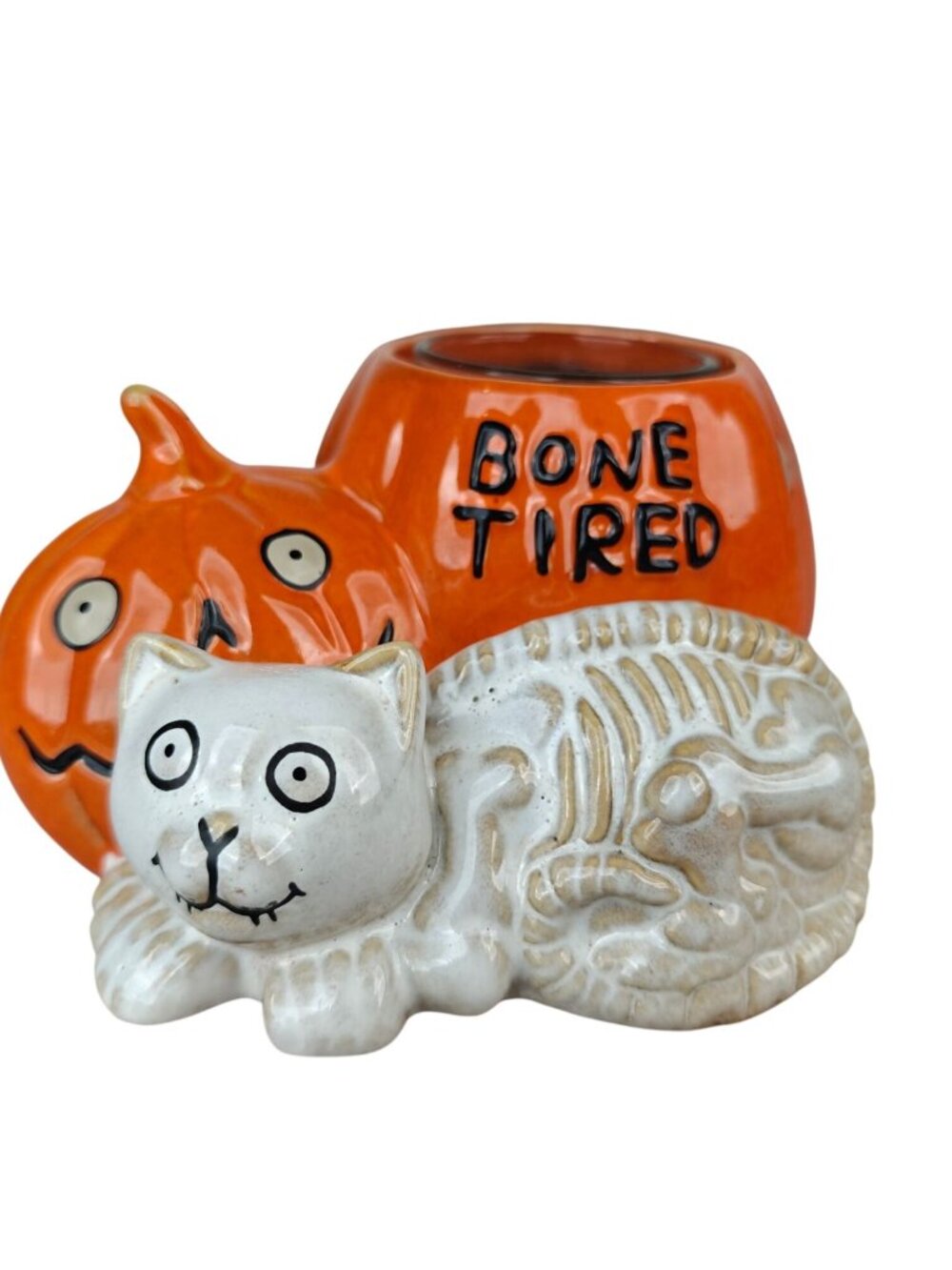 Yankee Candle Bone Tired Cat Pumpkin Ceramic Candle Holder 2014 Boney Bunch